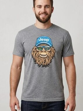 Jeep Men's Grey Graphic Tee - Bigfoot with Blue Cap JedCo